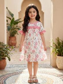 Young Girls Pink Floral Nightgown,Short Sleeve Round Neck Smocked Yoke Sleep Dress,White Fairy Party Kids Pajamas,Lightweight Vintage Elegant Lounging - Pink - View 3