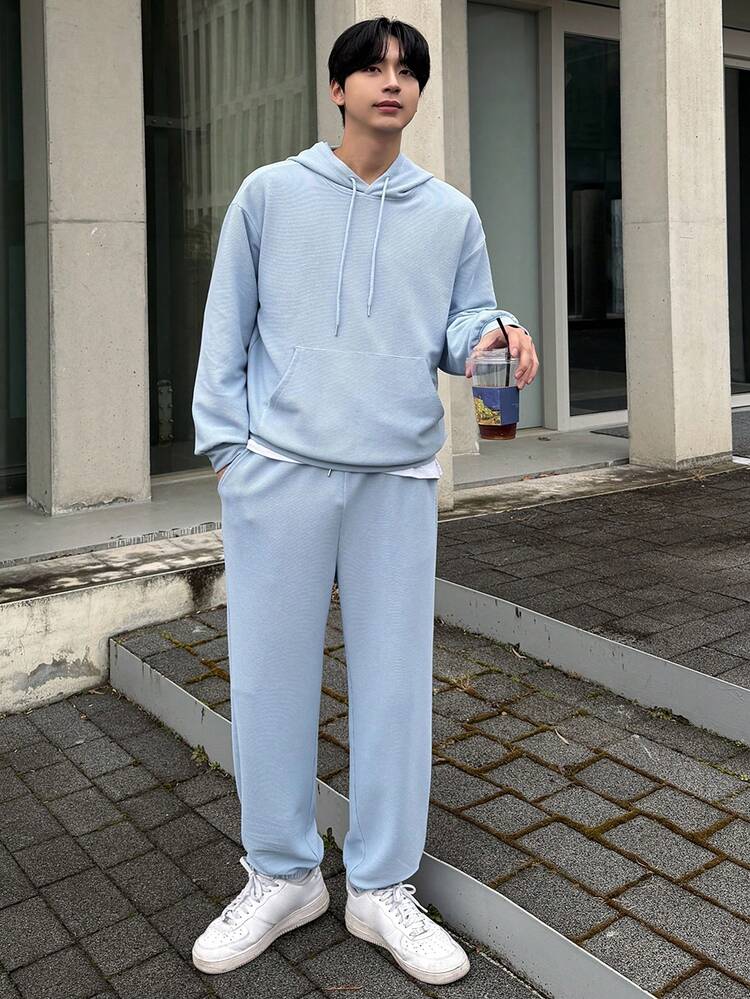 Men's Solid Color Blue Elastic Waist Drawstring Pants And Hooded Sweatshirt Set, Spring/Autumn