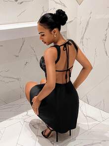 Slaydiva New Elegant Sexy French Valentine's Day Date Party Travel Vacation A-Line Dress - Black Lace & Satin Patchwork - Black - View 3