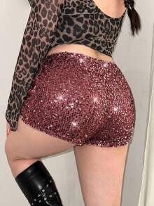 SHEIN EZwear Quần short cạp cao ôm sát bằng vải đính sequin lấp lánh dành cho nữ cỡ lớn, thích hợp cho các bữa tiệc, lễ hội âm nhạc, buổi hòa nhạc, có lớp lót, thích hợp cho mùa thu/đông. - Bụi hồng - Xem 7