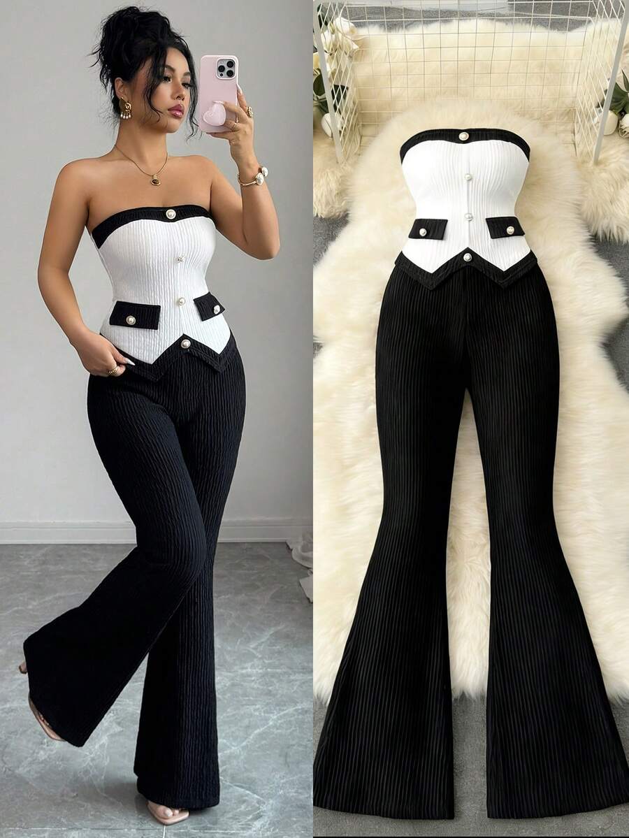 Elenzga American Sexy Minimalist Asymmetrical Contrast Color Spaghetti Strap Crop Top + Elastic Waist Slim Fit Flare Pants 2 Pieces Set, Fashion Casual Versatile Design - Black and White - View 1