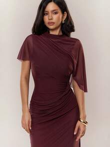 Aloruh Vestido de cóctel de mujer con cuello de chal marrón ajustado 2 en 1 - Café integral - Ver 6
