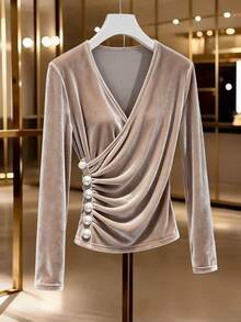 Franclia French-Style Elegant Grey Autumn Women's Knitted Velvet T-Shirt,Exquisite Crossover Neck Pleated Pearl Buckle Khaki Top For Brunch ,Business - Grey - View 5