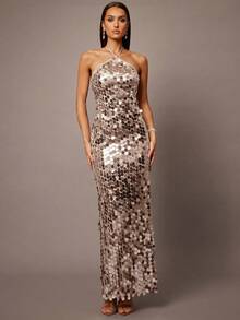 Silquee Women's Fashionable Sexy Sequin Halter Bodycon Dress - Silver - View 5