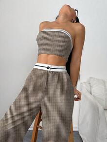 Almamuse 美式Y2K辣妹风露脐上衣及下装套装 – 撞色滚边高腰纽扣设计 | 质感面料，完美打造日常街头风/休闲派对造型 | 复古格纹无肩带上衣及阔腿裤套装 - 棕色 - 查看 1