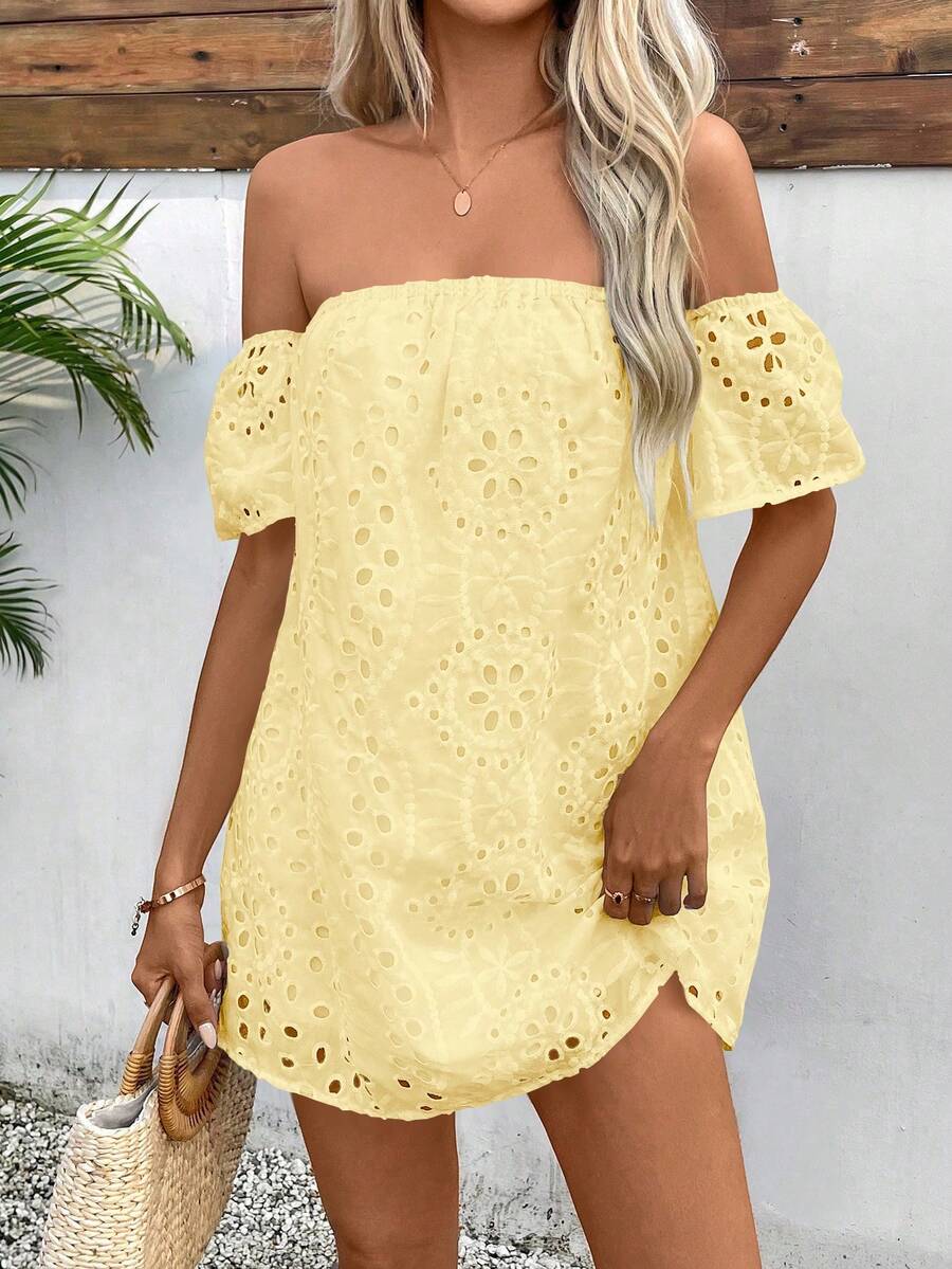 Glamine Women's Summer Solid Color Open Shoulder Dress With Hollowed-Out Embroidered Pattern Mini Short Vacation Beach Outfit - Yellow - View 1