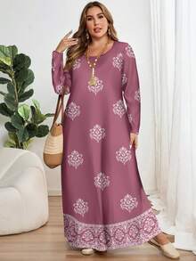 EMERY ROSE Soft Taro Purple, Traditional Elegant Dignified Gold Floral Print Plus Size Retro Print Long Sleeve Round Neck Women Dress, Suitable For Spring; Traditional Arabic Robe Dress Suitable For Spring/Summer Daily, Festivals, Outings, Elegant Long Sleeve Arabic Maxi Dress,Vacation - Multicolor - View 3