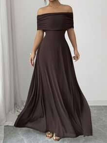 Elegant Brown Knitted Off The Shoulder A Line Maxi Dress With Short Sleeves Flared Hem And Zipper Detail - Brown - View 1