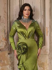 Aureia Plus Size Elegant Formal Evening Prom Dress,Olive Green Spring Sheer High Neck Rhinestone Embellished 3D Floral Mermaid Hem Train Formal Gown,Wedding - Green - View 7