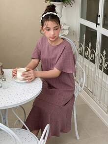 DAZY Đầm ngắn tay cổ tròn xếp ly viền ren cho bé gái tuổi teen, mùa xuân - Màu tím - Xem 6