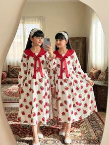 Este vestido midi con estampado floral rosa para niñas preadolescentes presenta un cuello de encaje y un gran lazo, en un estilo árabe/de Oriente Medio. Es adecuado para uso diario, vacaciones y otras ocasiones. - Rojo - Ver 3