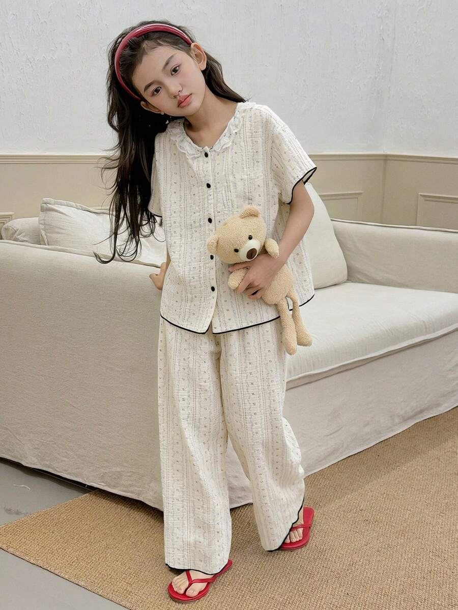 DAZY Tween Girl Leaf Print Single-Breasted Short Sleeve Top And Wide Leg Pants Casual Loungewear Set - White - View 1