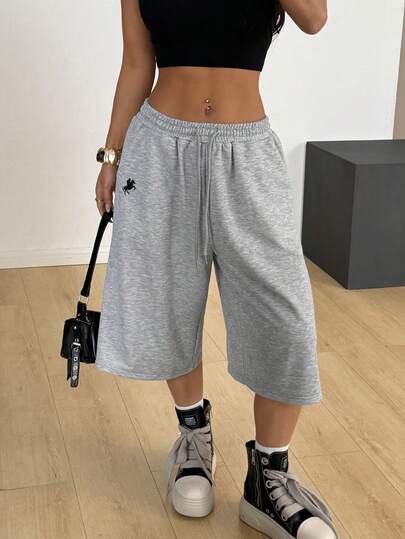 Muchica Damskie letnie, nowe, haftowane, luźne szorty bermudy z motywem konia