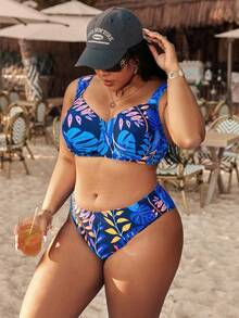 Swim Vcay 大码女士夏季沙滩植物印花露背系带比基尼泳衣套装 - 藍色 - 查看 7
