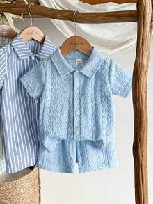 SHEIN Vintaside Kids 男女通用新生儿至1岁宝宝套装，杏色短袖上衣和短裤套装，质感面料，适合宝宝夏季外出穿着，质感面料带来高品质感。 - 藍色 - 查看 4