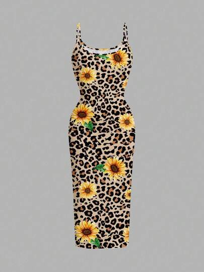 SHEIN EZwear Casual Minimalist Full Width Figure-Hugging Slip Dress, Suitable For Summer - Leopard Print, Sunflower Print,Springbreak,Coconutgirl,Girl Trip,Music Festival,Holiday Outfits,Summer Outfits,Daisy,Bohemian Clothes Suitable For Going Out Chic Dress