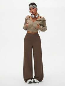 Dewbera Women's Loose Fit Casual Outdoor Sports Pants For Running Brown Pants Brown Bottoms High Waisted Pants Wide Leg Leggings Brown Wide Leg Pants - Coffee Brown - View 6