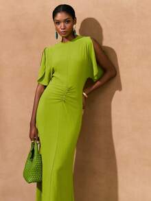 Zivah Vestido maxi de manga corta con cuello redondo, cintura fruncida, de tela tejida de color amarillo-verde, con silueta ajustada, cierre oculto en la espalda, elegante y minimalista, de estilo casual y romántico, nueva llegada primavera 2025 - Verde - Ver 4