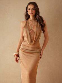 Silquee Women's Elegant Contrast Lace Sleeveless Draped Neck Dress, Summer ,Summer Dress,Spring Dresses For Women - Gold - View 1