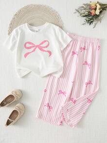 Maija Kids 2pcs/Set Young Girl Bow Knit Soft Round Neck Short Sleeve Top And Elastic Waist Pants Set - Pink - View 1
