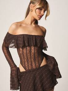 MISSGUIDED Off Shoulder Lace Bodysuit With Bell Sleeves And Ruffle Bardot Neckline For Evening Night Special Occasions Elegant Party Wear - Coffee Brown - View 4