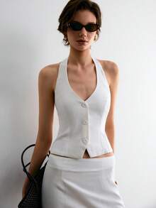 ATUI Studio Bộ áo vest cổ yếm tối giản và chân váy maxi thường ngày - trắng - Xem 6