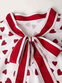 Ellevyn 大码女士优雅约会之夜宽松花瓣袖上衣，饰以爱心印花和打结领口，适合夏季新年派对、情人节、生日、春假等场合，优雅女式衬衫 - 紅白色 - 查看 9