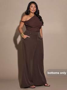 SHEIN BAE 大码女式纯色腰部纽扣设计口袋阔腿宽松休闲裤，女士时尚休闲复古口袋喇叭裤，复古风，商务休闲女装，外出，返校季，巧克力色喇叭裤，休闲裤，复古裤，秋季，大码女式办公裤，优雅裤，工作裤，情人节，Y2K，返校季裤，高腰喇叭裤，棕色，巧克力棕色。 - 棕色 - 查看 6