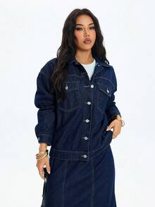 SHEIN ICON 大尺碼女款牛仔風藍色無彈力長袖夾克，春季 - 深色水洗藍 - 查看 6