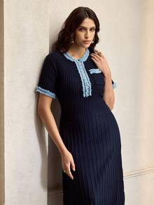 ZEYLAH Ribbon Trim Short Sleeve Waist Cinched Long Knit Sweater Dress - Navy Blue - View 7