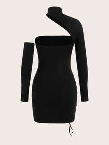 SHEIN ICON Robe Moulante À Col Asymétrique De Couleur Unie Avec Cordon De Serrage À La Taille - Noir - Voir 8