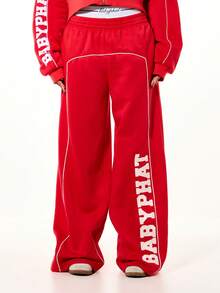 BABYPHAT Logo Wide Leg High Rise Elastic Waist Varsity Sweatpants With White Contrast Piping And Side Text - Red - View 1