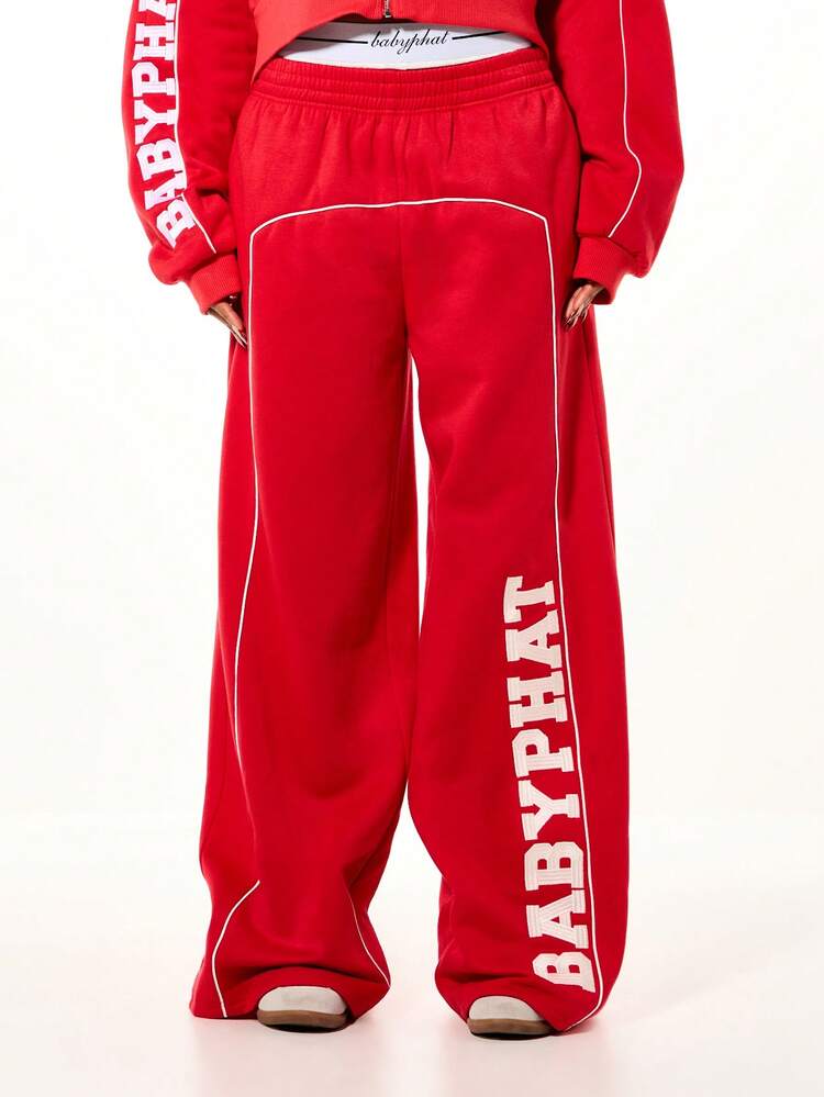 BABYPHAT Logo Wide Leg High Rise Elastic Waist Varsity Sweatpants With White Contrast Piping And Side Text