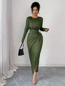 SHEIN Elenzya Vestido de manga larga elegante y versátil para uso diario, fiesta de Navidad, Año Nuevo y negocios, con cintura ceñida, decoración metálica y estilo vintage francés, en color marrón, para otoño/invierno - Verde militar - Ver 5