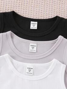 SHEIN 3pcs Young Girls' Versatile Black, White, Khaki Elastic Camisole Tops, Suitable For Casual, Daily Wear, Vacation, Summer - Multicolor - View 7