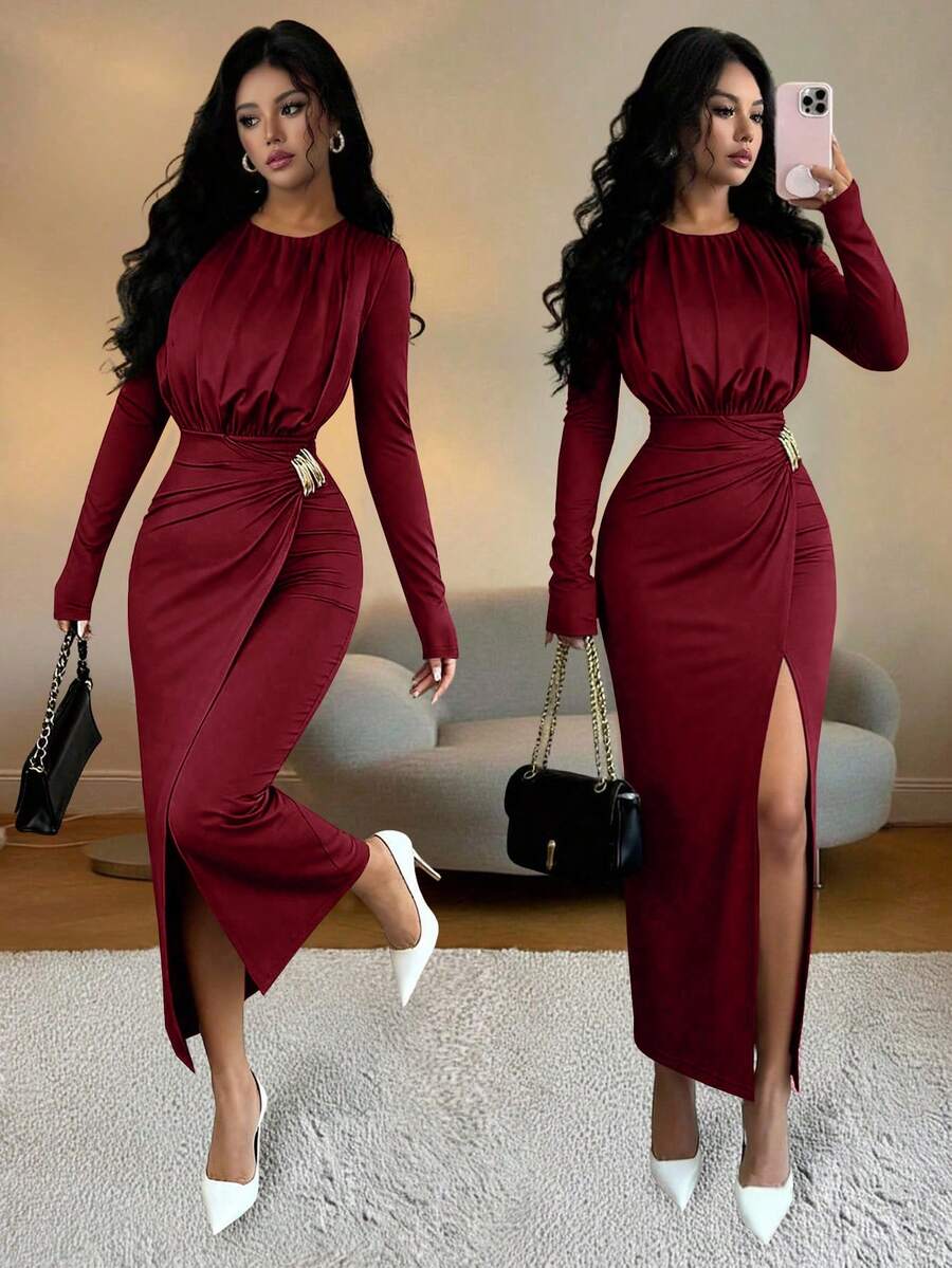SHEIN Elenzya Women's Elegant Knitted Long Sleeve Dress,Burgundy,Autumn,Dining Metallic Decor Waist Cinched Fitted Vintage Chic French Street Christmas Party Dress - Burgundy - View 1
