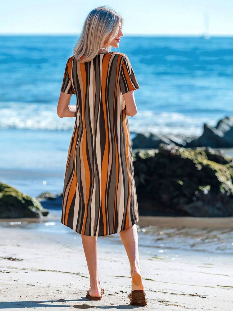 Notched Neckline Color Stripes With Sleeves Striped Print Tunic Summer Dress,Vacation