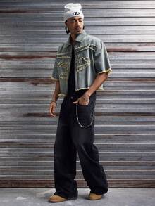 AXEPEAK Chaqueta de moda con bordado y aplicaciones lavadas para hombre - Azul - Ver 4