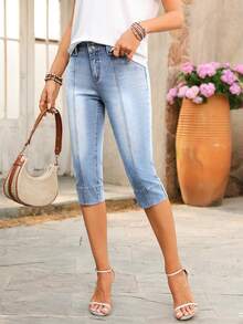 EMERY ROSE 女士纽扣休闲百搭通勤牛仔七分裤 - 藍色 - 查看 6