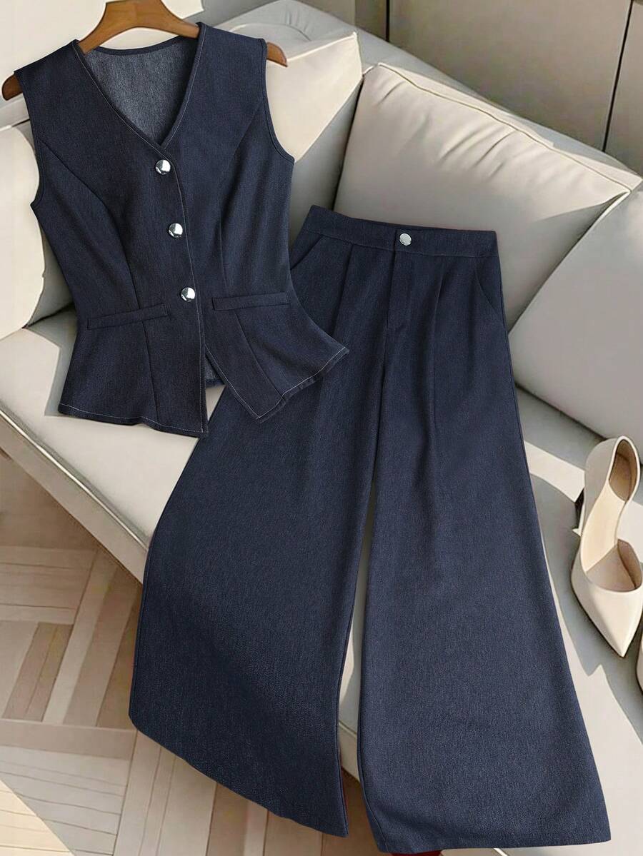 SHEIN Franclia Women's Casual Outgoing Outfit, Denim Effect Vest And Wide Leg Pants Set, Spring/Summer - Dark Wash - View 1