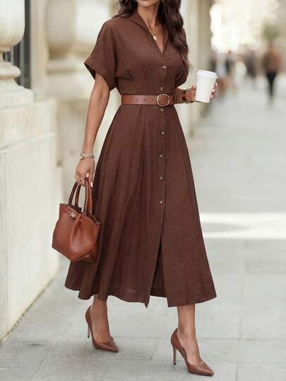 Editum 女士休闲通勤棕色前扣中长连衣裙