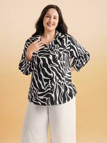 Momelise 大码女式休闲度假斑马纹长袖衬衫和阔腿裤套装，春秋季 - 彩色 - 查看 6