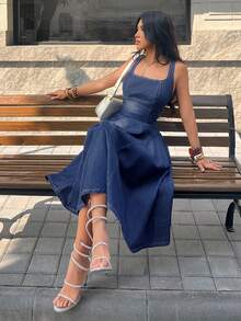 SHEIN PETITE Women's Solid Color Minimalist Backless Sleeveless Denim Dress