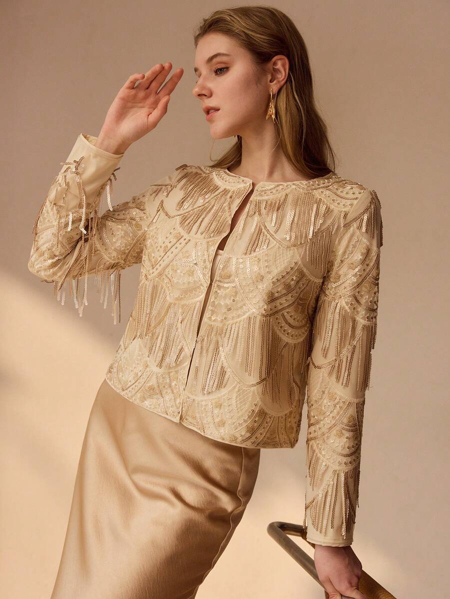 MOTF PREMIUM CONTRAST SEQUIN FRINGE DETAIL ELEGANT COAT