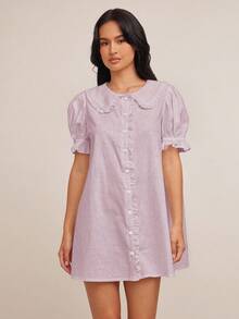 2026 Vestido bohemio mini de línea A con manga corta abullonada, cuello con volantes, abotonado, 100% algodón, para rodeo de Nashville, vacaciones, lindo atuendo para brunch - Púrpura malva - Ver 4