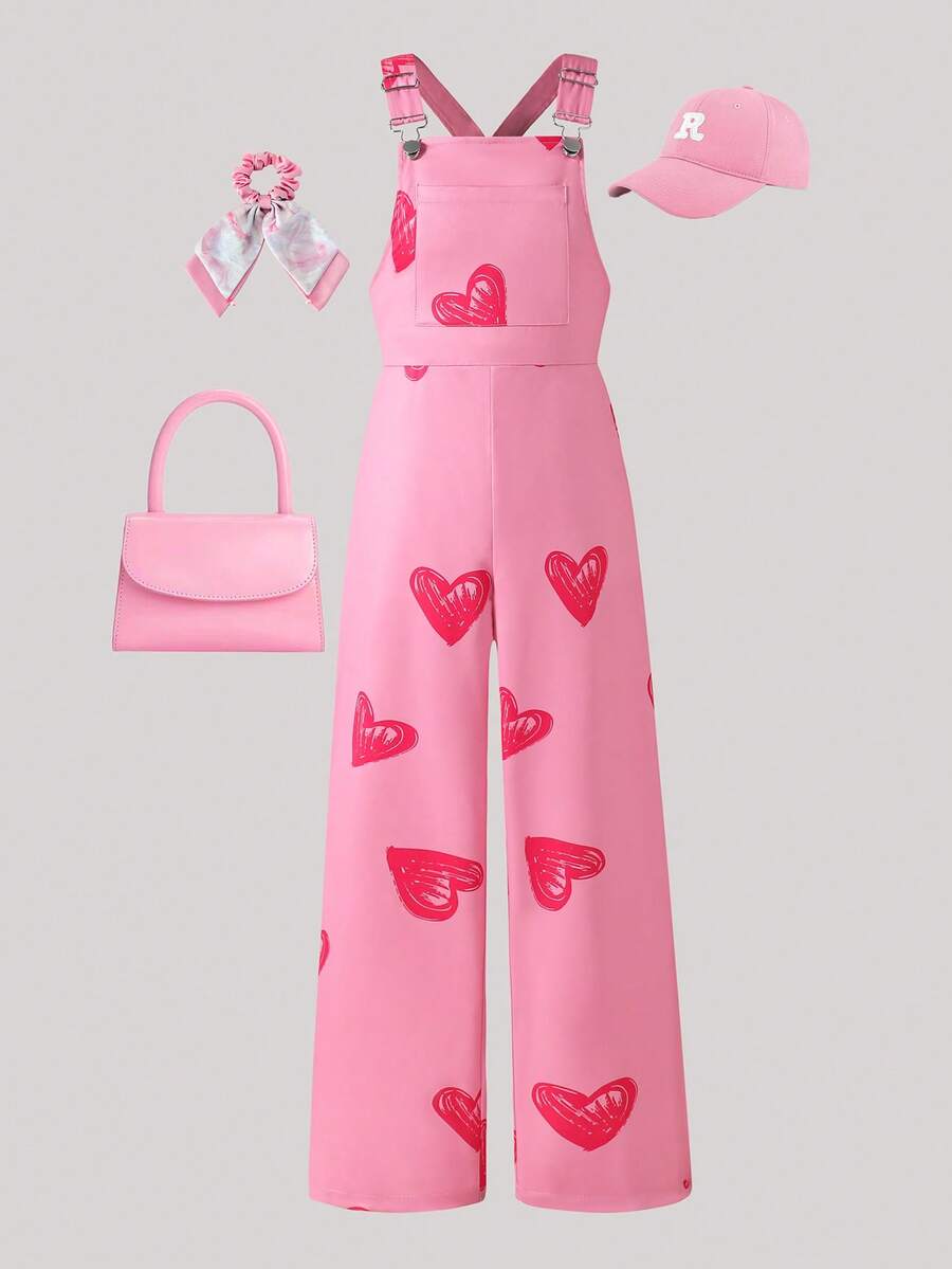 SHEIN ChillGRL Tween Girl Valentine's Day Casual Heart Print Overalls Pink Jumpsuit - Pink - View 1