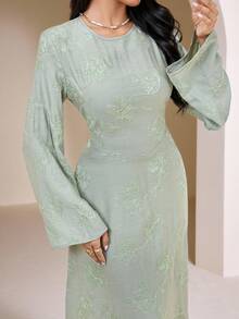 Veilorie Women's Embroidered Round Neck Elegant Long Sleeve Arabic Dress - Green - View 3