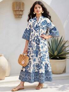 SHEIN Tween Mädchen Lässig Beach Resort Kleid mit Blume Muster, Stehkragen, Glockenärmeln, Raffungen und Patchwork, locker geschnitten - Blau-Weiß - Übersicht 3