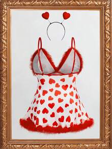 3pcs Plus Size Milk Silk Patchwork Lingerie Set, Valentine's Day - Red and White - View 7