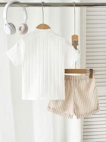 Young Boy Woven Textured Wave Striped Collar Short Sleeve Shirt And Khaki Striped Shorts Set, With Leather Patch And Contrast Button Design. Suitable For Casual Outings Or Leisure Occasions, Helping Little Boys Confidently Express Their Summer Style. Boy Two Piece Set - White - View 2